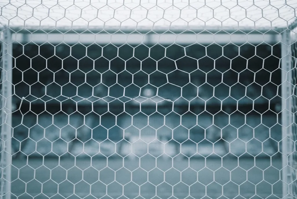 A goal net photographed from behind against an empty stand