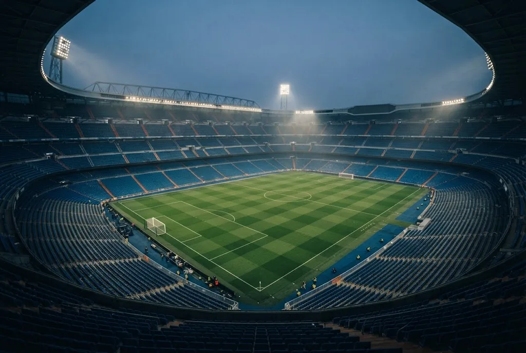 An empty floodlit stadium bowl seen from the upper tier before kick-off