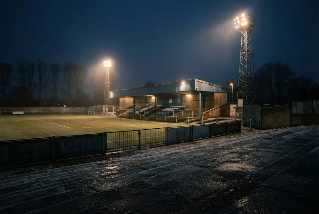 Floodlights over a small ground on a winter evening