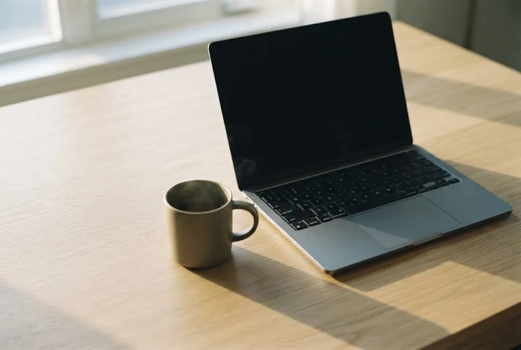 A laptop open on a wooden table beside a mug in early morning light
