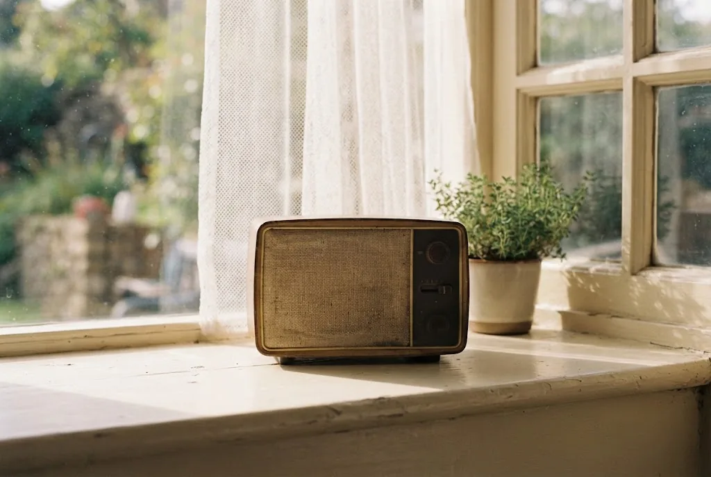 A vintage radio on a kitchen windowsill in afternoon light