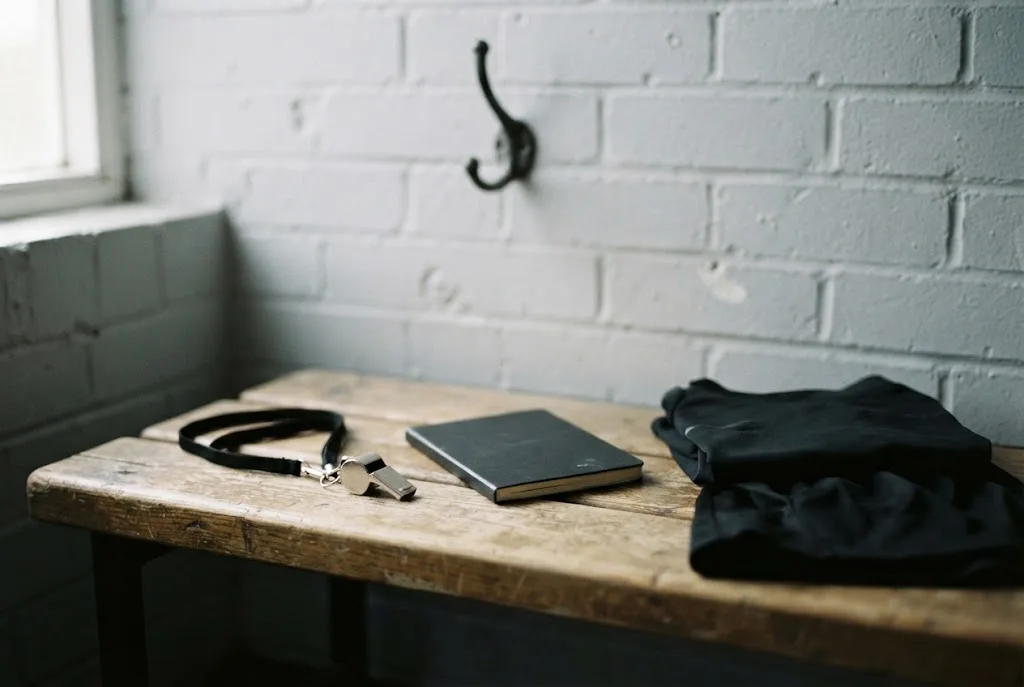 A whistle and notebook resting on a bench in an officials' room