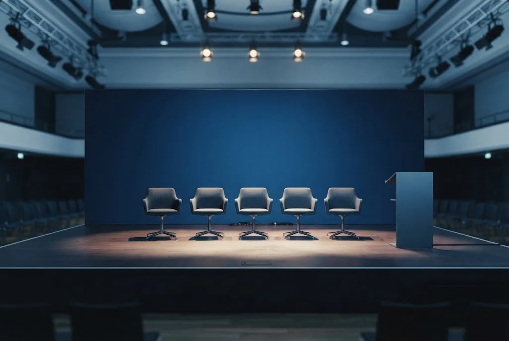 An empty stage with a row of vacant chairs before a draw ceremony