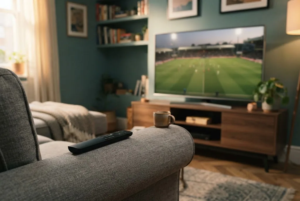 A television remote resting on a sofa arm with a football match on screen in the background