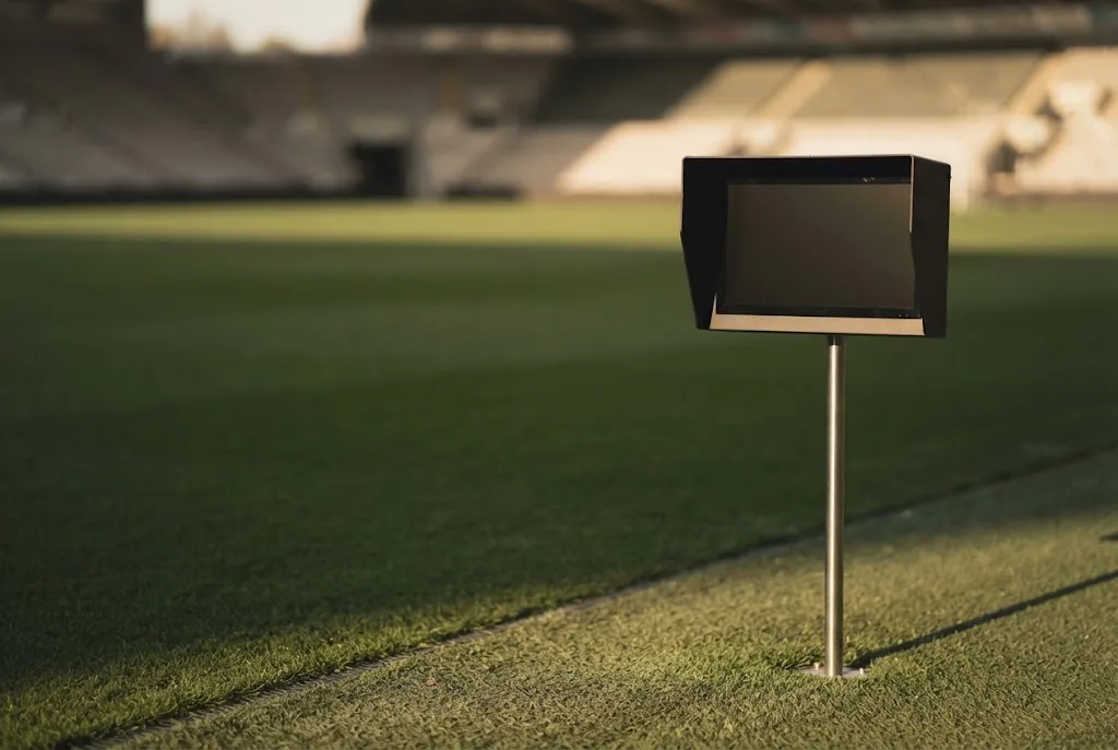 A pitchside monitor beside an advertising hoarding at the edge of a football pitch