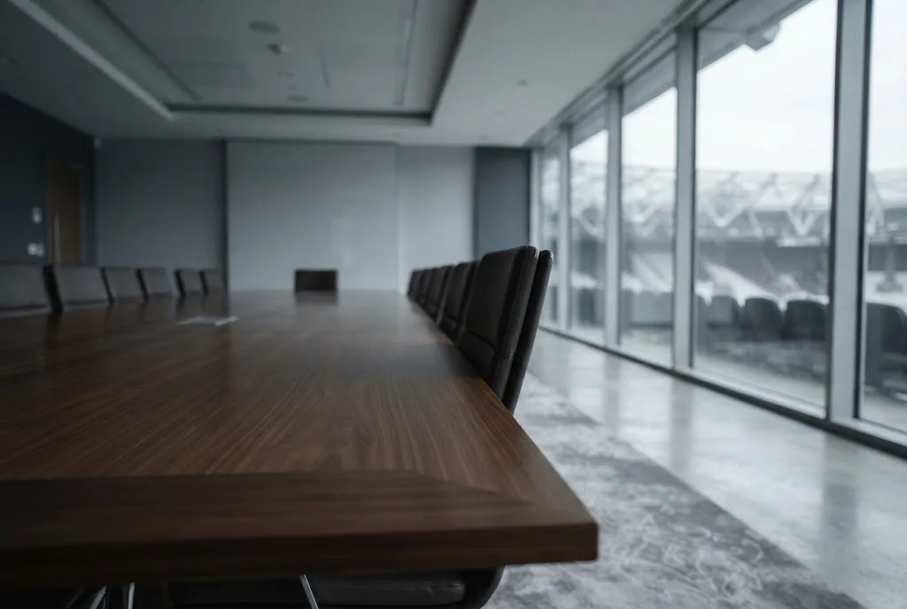 An empty boardroom table beside a window overlooking a stadium roof