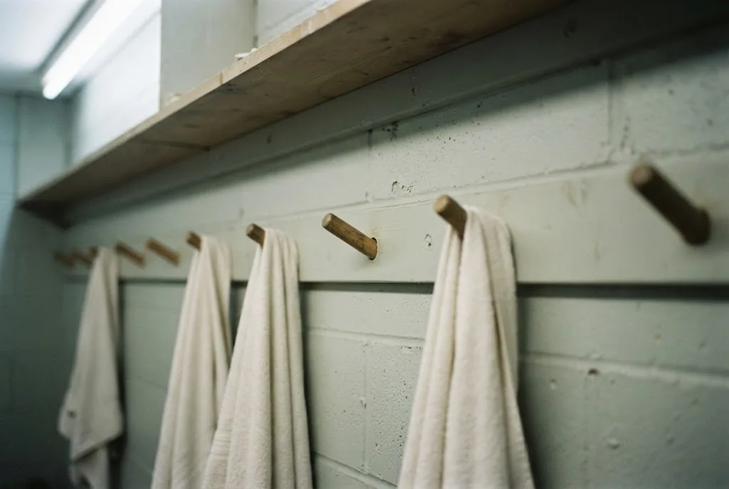 A single empty peg on a dressing room wall between two occupied ones