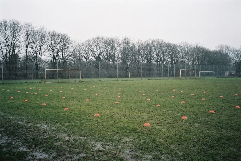 An empty training pitch with cones laid out and no players present