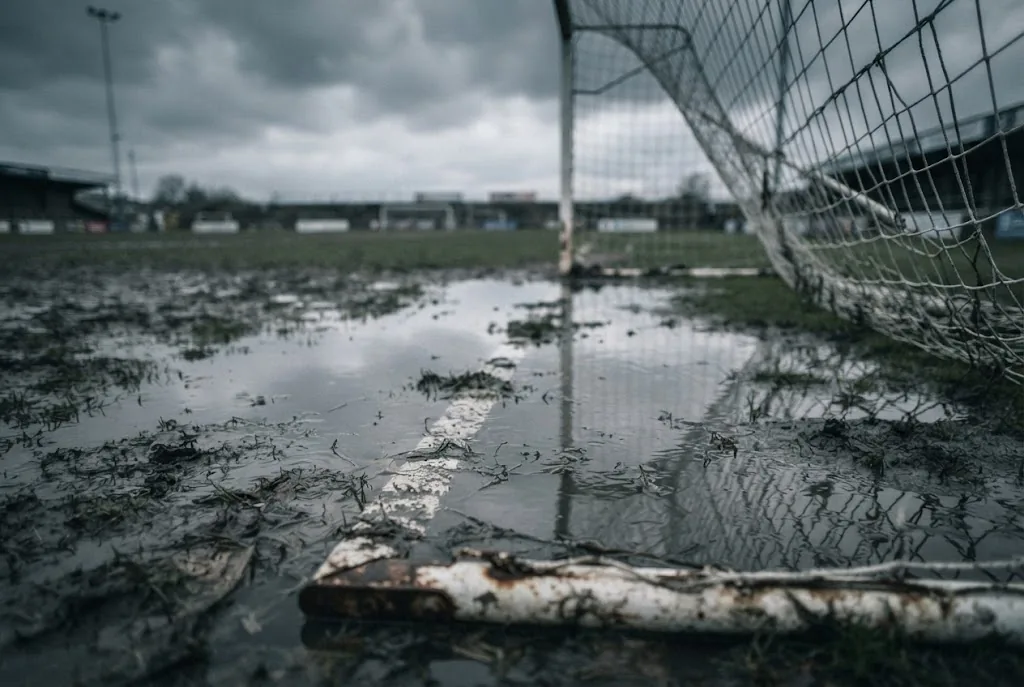 A waterlogged goalmouth on an empty pitch under heavy grey cloud